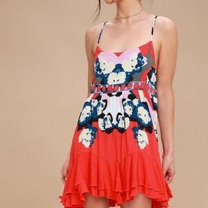 Free People Sweet Lucy Floral Mini Dress Coral Size M Ruffle Hem